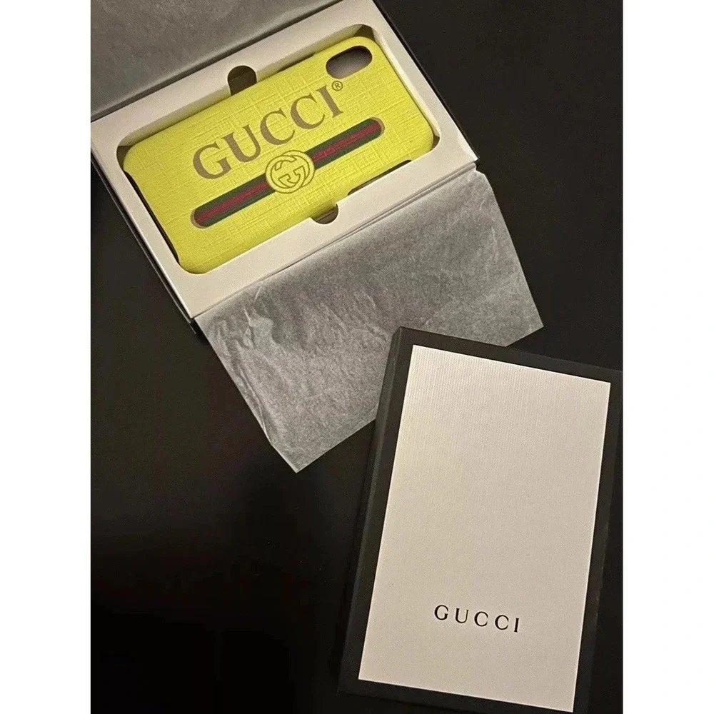 Gucci Spellout Box & Fluorescent Yellow iPhone X Textured Case Retro Logo